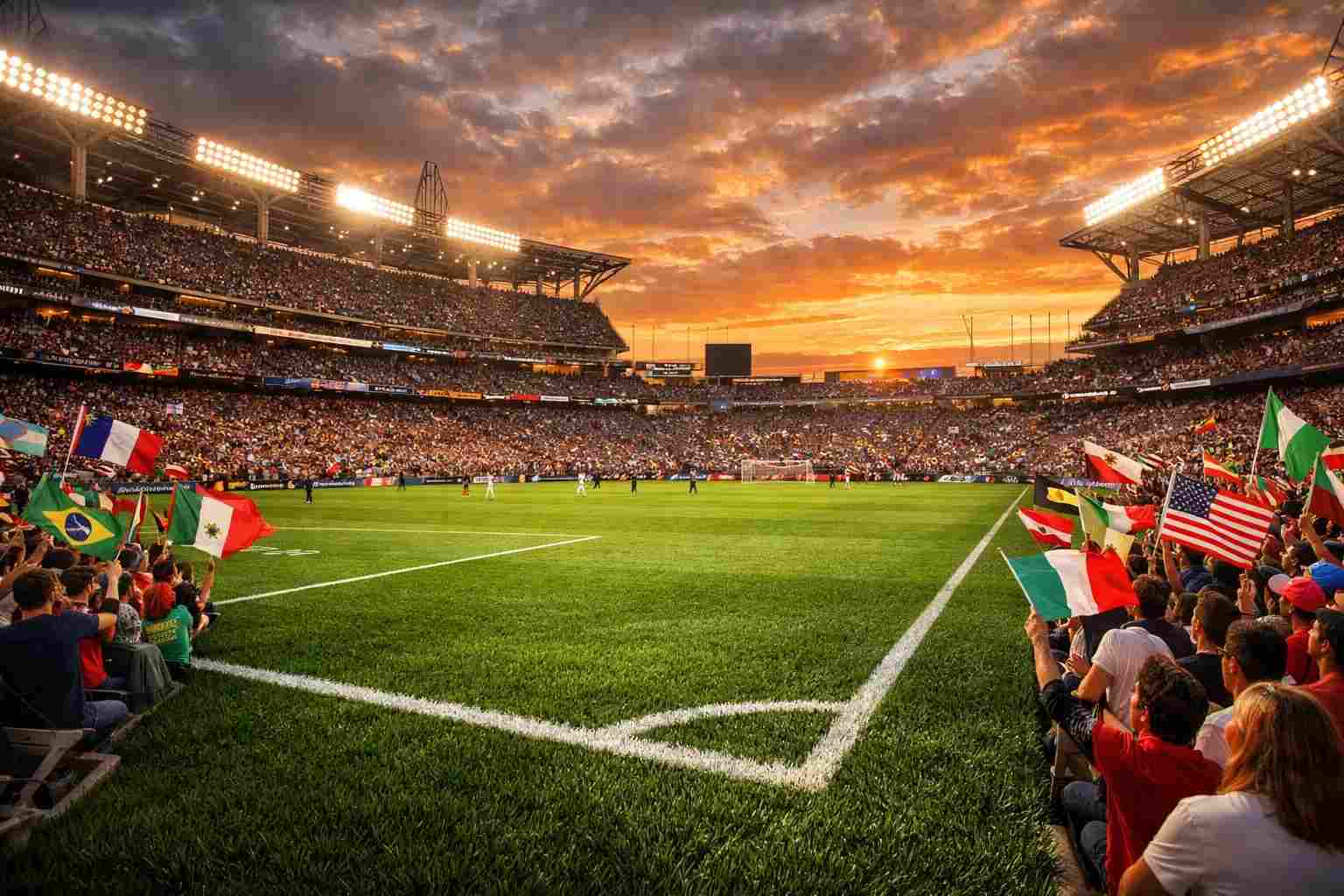 Fußballstadion mit jubelnden Fans bei einem WM-Spiel in Nordamerika