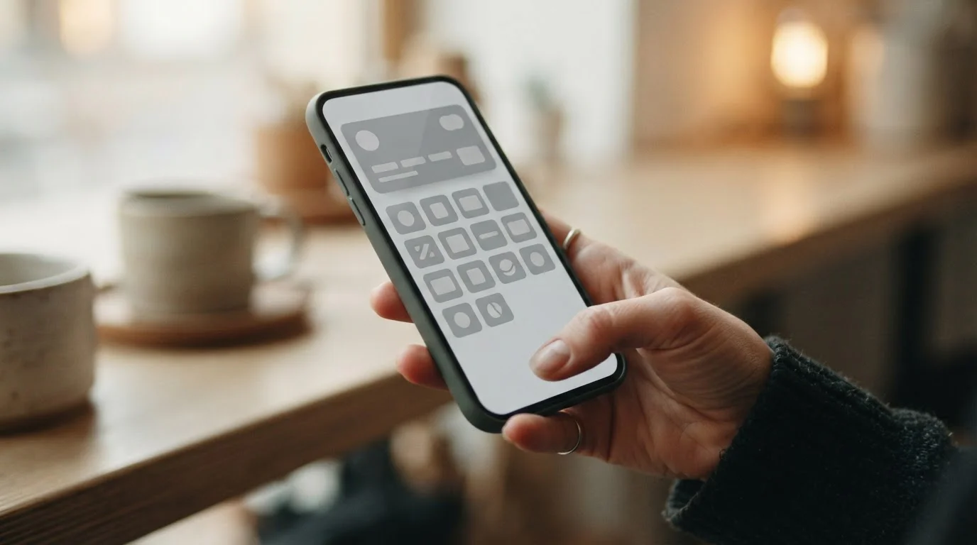 Smartphone in der Hand mit abstrakter Zahlungs-App auf dem Display