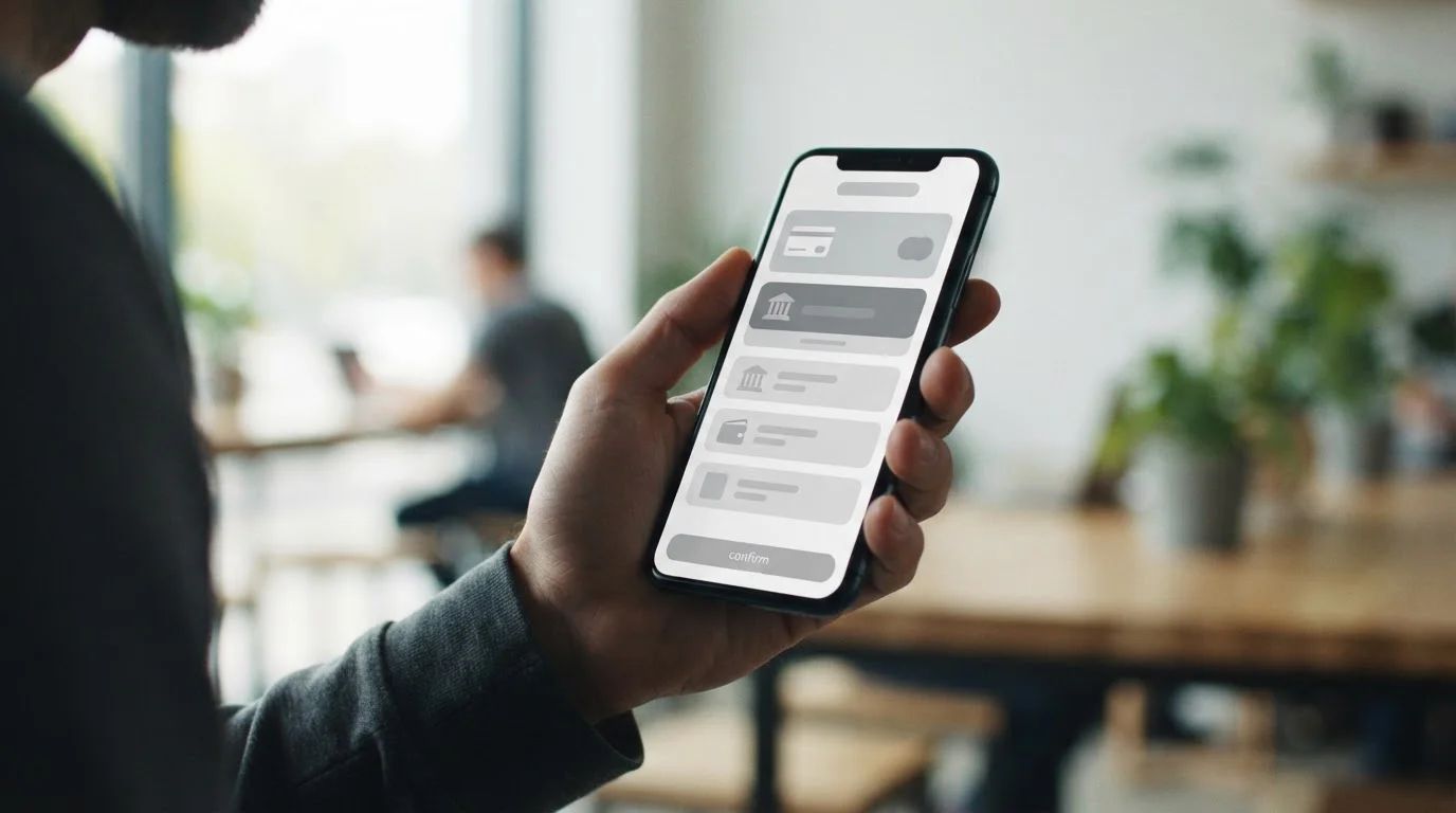 Smartphone mit abstrakter Zahlungs-App und anonymisierten Auswahloptionen