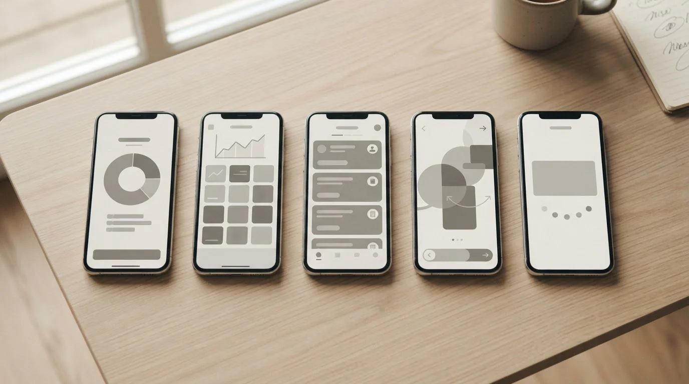 Mehrere Smartphones nebeneinander mit verschiedenen abstrakten Bezahl-Oberflächen auf hellem Tisch
