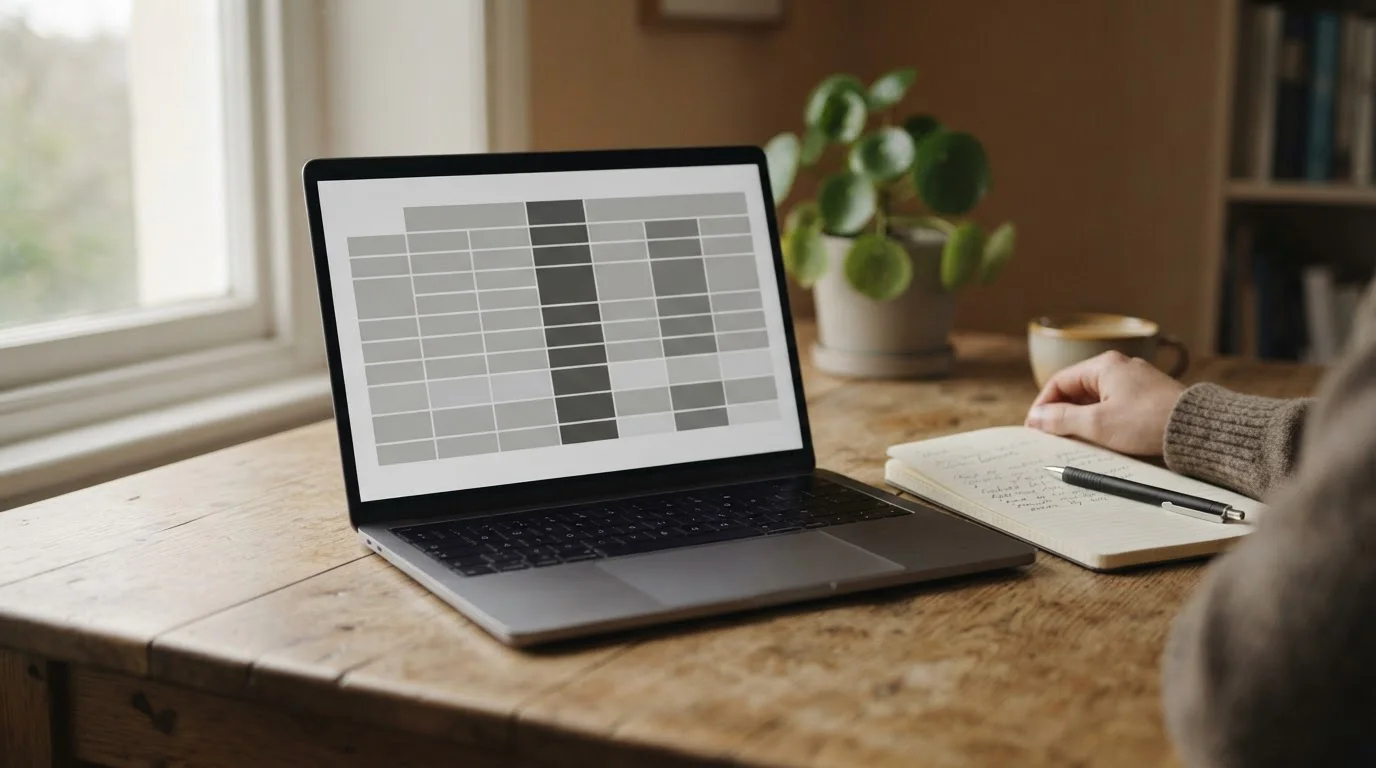Laptop mit abstrakter Vergleichstabelle auf dem Bildschirm neben Notizblock